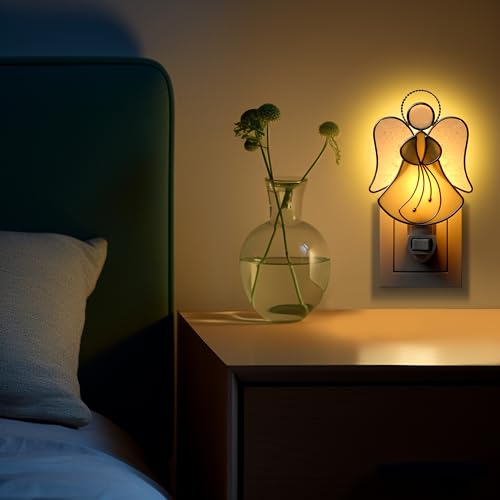 Image of Stained Glass Yellow Guardian Angel Night Lights Plug into Wall | Plug in Night Lights Into Wall Socket Decorative Nightlight for Bedroom Hallway,Mothers Day Gifts for Mom Birthday Christmas
