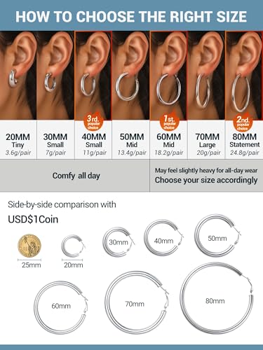 Image of Stainless Steel Chunky Hoop Earrings For Women, Minimalist and Chic, Black /Gold Plated, Round Hoops Earrings Hypoallergenic, Size: 30mm /40mm /60mm /80mm, Come with Box