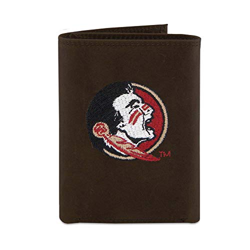 NCAA Florida State Seminoles Zep-Pro Crazyhorse Leather Trifold Embroidered Wallet, Light Brown