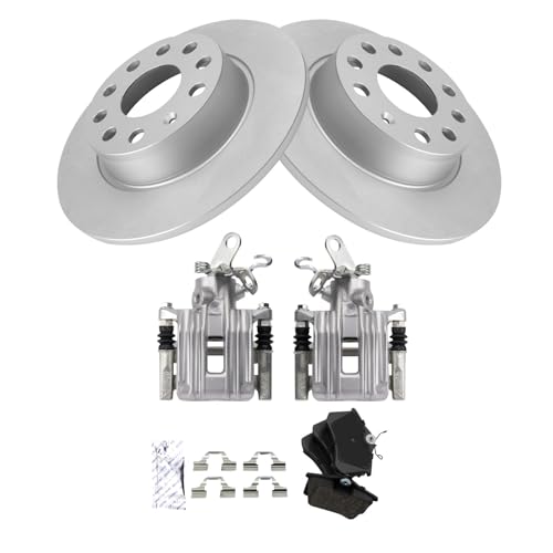 Image of TRQ Rear Brake Pad and Rotor Set Ceramic Coated Rotors Calipers Compatible with 2011-2013 Audi A3 2011 Volkswagen Golf 2013-2014 Jetta
