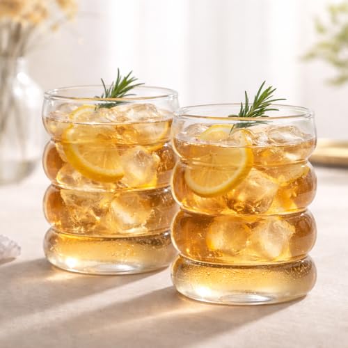 2 Stück Gerippte Trinkgläser 300 ML Bubble Gläser Latte Macchiato Iced Coffee Dessert Wassergläser Matcha Glas Kaffeegläser Gerippte Eiskaffee Gläser für Cocktails Whiskey Tee Soda Kaffee