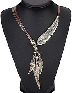 Wcysin Brown Women Girls Antique Vintage Time Necklace Sweater Chain Pendant Feather Pendant Necklace Brown and Gold