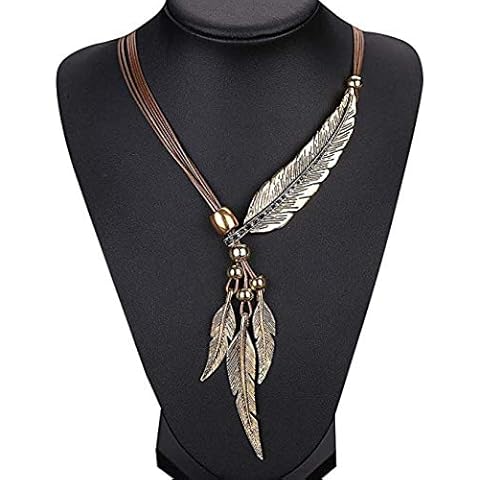 Wcysin Brown Women Fashion Antique Vintage Time Necklace Sweater Chain Pendant Feather Pendant Necklace Brown and Gold Cover