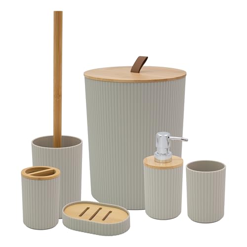 Anika Bathroom Accessory Set/Modern Bathroom Essentials Set/Includes Toothbrush Holder, Waste Bin, Toilet Brush, Cup, Soap Dish and Soap Dispenser (Stone)