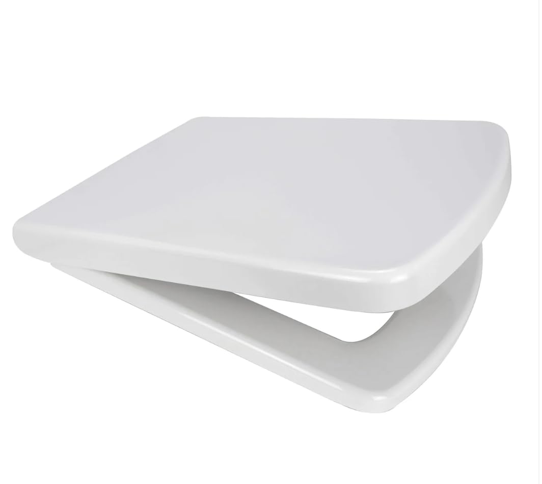 Euroshowers White Square D Shaped Soft Close Toilet Seat Square Top & Bottom Fix No Slip Fittings (Smiley Shape D Seat)