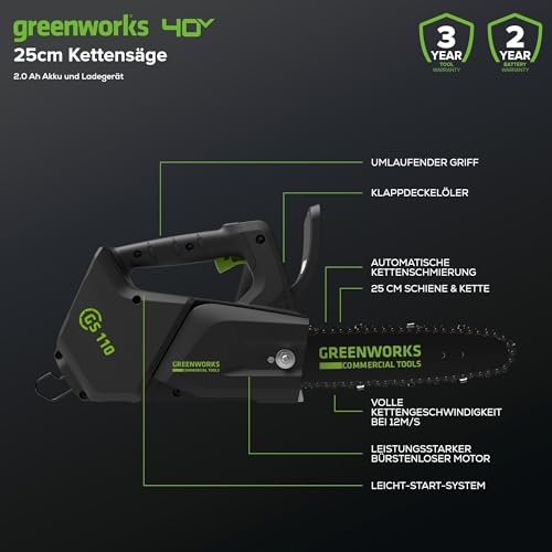 Greenworks GD40TCSK2 Akku Kettensäge mit Akku und Ladegerät, bürstenlosem Motor, 25 cm Blattlänge, 12 m/s Kettengeschwindigkeit, 2,4 kg… – Ansicht 2