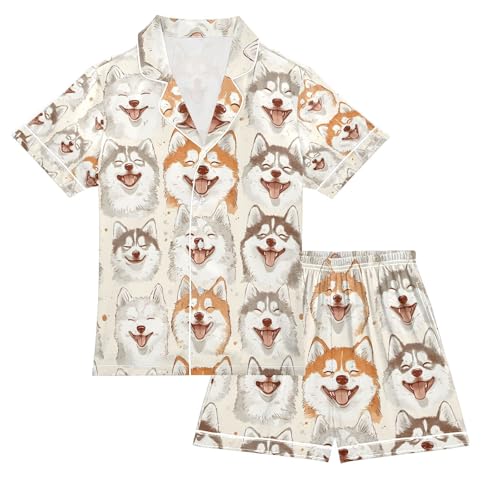 senya Dog Paw Print Happy Satin Summer Pajama Sets Silk Short Sleeve Button Down Sleepwear