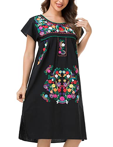 Image of YZXDORWJ Women Mexican Embroidered Long Dress Ruffle Collar Maxi Boho Floral Summer Short Sleeve