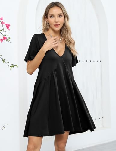 Image of Watashi Women's Summer Short Sleeve Mini Dress V-Neck Casual Loose Pleated Dress Doll Neck Short Dress with Pockets(Black-M), Medium