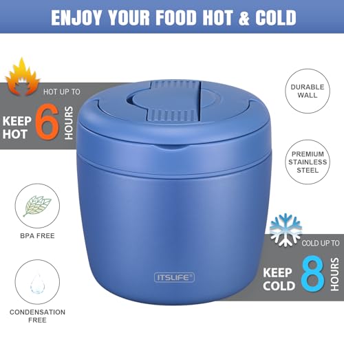 Image of Itslife 32oz Insulated Soup Thermo, Vacuum Stainless Steel Food Jar for Hot & Cold Food, Leakproof Wide Mouth Lunch Container with Spoon (Blue)