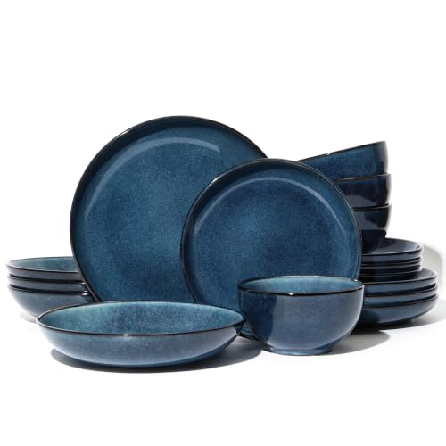 Image of Pokini Stoneware Dinnerware Sets for 4, 16pcs Plates and Bowls Sets Dishes | Reactive Glaze Ceramic Dish Set, Microwave & Dishwasher Safe, Highly Chip and Crack Resistant Dishware sets, Starry Blue