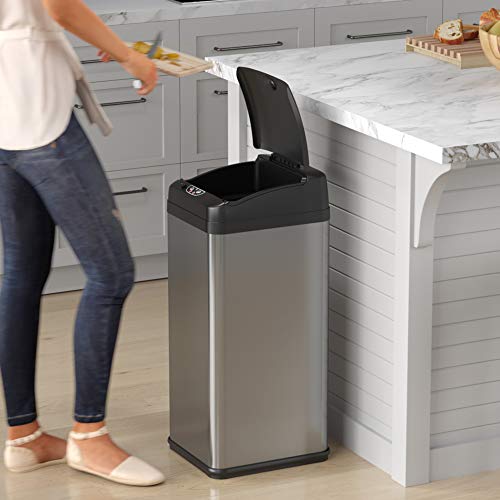 Image of iTouchless 13 Gallon Sensor Kitchen Trash Can with Lid and Odor Filter, Stainless Steel Trashcan Extra-Wide Lid Opening Slim Garbage Bin for Home Office Work Bedroom Living Room Garage Large Capacity