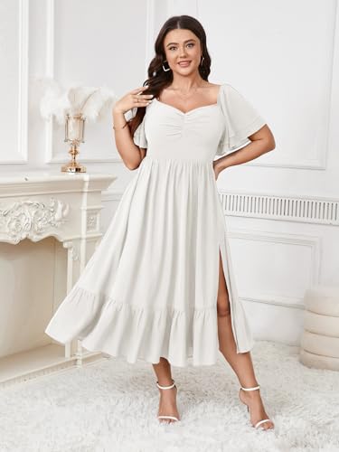 Image of SCOMCHIC Womens Plus Size Wedding Guest Cocktail Dresses Sweetheart Neckline Short Sleeve Smocked Ruffle Slit Maxi Dress