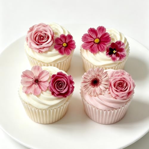 52x Edible Flower Cake Decorations for Wedding Cakes, Pink Floral Cake Toppers with Wafer Paper Design, Elegant Cupcake Decorations for Bridal Shower Birthday Desserts