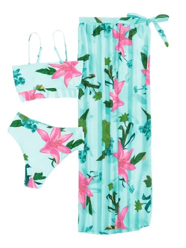 LUMINA THREADS Women's 2 Piece Swimsuit Cover Up Bikini Floral Boho Ruffle with Maxi Mesh Sheer Skirt Bathing Suit