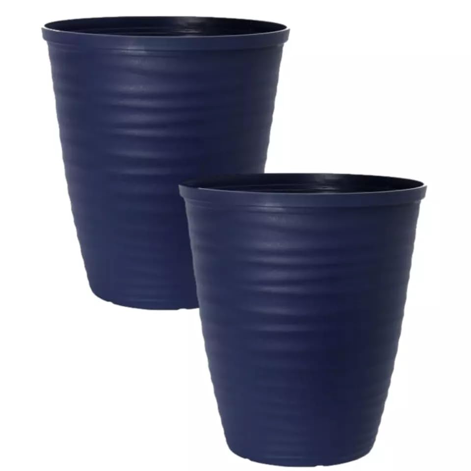 Fyne-Finds Set of 2 Dark Blue Plastic Dune Rim Plant Pot 27cm, 11inch Tall 14L Garden Outdoor Patio Decor Planter with Drainage Holes