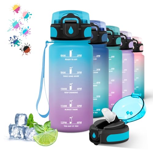 Grsta Gourde, 500ml Gourde Enfant, Bouteille Paille Anti-Fuite, Bouteille pour Garçon & Fille, Facile à Nettoyer, Bouteille d'eau Graduée avec Slogan de Motivation, pour l'École, Voyage, Bleu-Violet