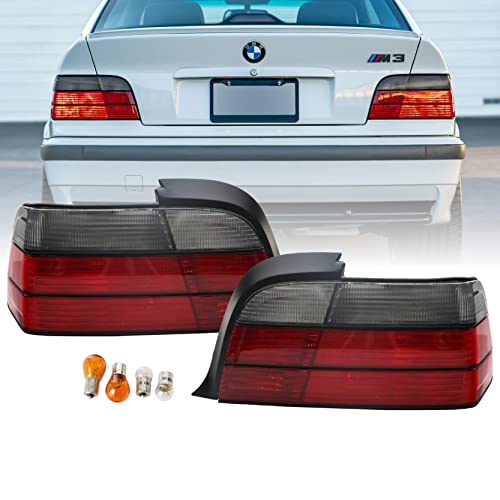 DEPO E36 Tail Light - Rear Smoke Replacement Tail Brake Stop Turn Signal Lamps Tailight Compatible with 1992-1999 BMW E36 3 Series 2D Coupe and Convertible including M3 (Euro OE Style Red/Smoked Lens)