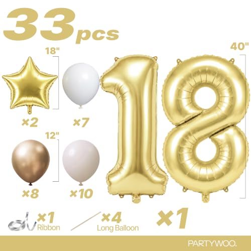 Image of PartyWoo Gold Number 18 Balloon 40 Inch 33pcs Metallic Gold Foil Star White