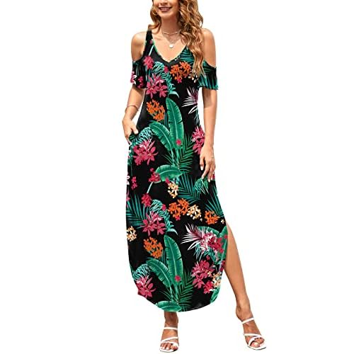 HUSKARY Women's Summer Maxi Dresses 2026 Trendy V Neck Cold Shoulder Short Sleeve Casual Loose Long Split Dress with Pockets Medium Leaves08
