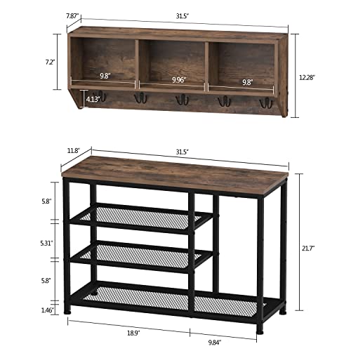 Espelism Coat Rack Shoe Bench Set Entryway Hall Tree With Bench Shoe Rack Wall Mounted Coat Rack 3 Storage Cubbies Display Shelf For Hallway Wooden And Metal Frame (Brown) #TOP1