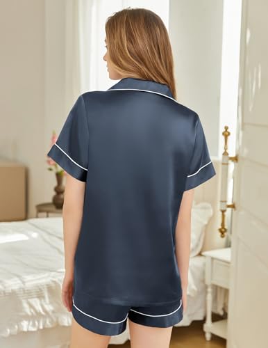 Image of Silk Pajamas for Women Short Sleeve Sleepwear Soft Button Down Loungewear 2 Piece Satin Pjs Shorts Set S-XXL
