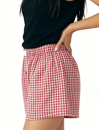 Image of Y2k Plaid Shorts Cute Baggy Ginghem Boxer Shorts for Women Checked Lounge Pajama Bottom Preppy Sleep Pj Shorts