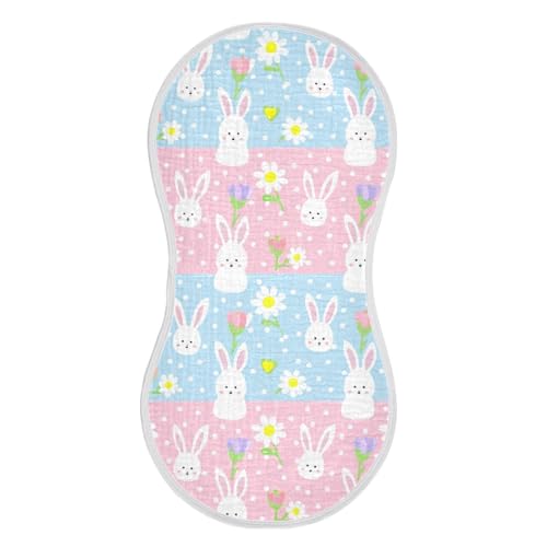 Cute Rabbits Muslin Burp Cloths 22x11 Inch - 4-Layer Organic Cotton & TPU Waterproof Lining, Absorbent Baby Bibs for Boys/Girls with Hanging Loop