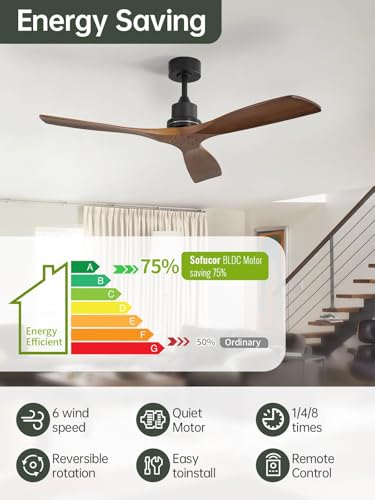 Image of Sofucor 52 Inch Wood Ceiling Fan No Light, Modern Indoor /Covered Outdoor | Without Light, Remote Control, 3 Blade, Quiet Reversible DC Motor, 6 Speeds, Bedroom /Living Room /Farmhouse /Patio, Brown