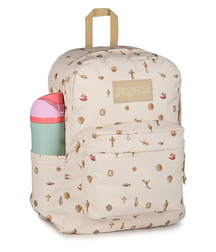 Image of JanSport SuperBreak Plus Backpack with Padded 15-inch Laptop Sleeve and Integrated Bottle Pocket - Spacious and Durable Daypack for Work and Travel, Gilded Relics Moon Flower /Gold