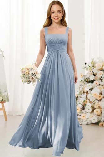Square Neck Junior Bridesmaid Dress Spaghetti Straps Flower Girl Dresses with Pleated Chiffon A Line Formal Gown4