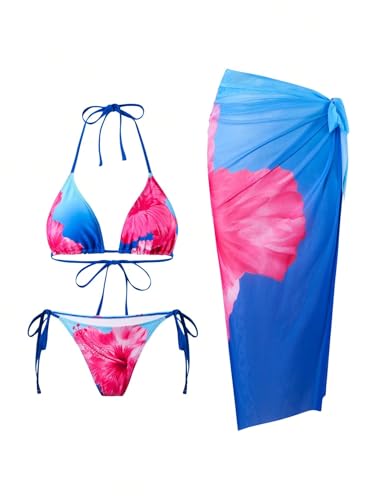 Image of ZAFUL Women's 3 Piece Swimsuit Floral Halter Triangle String Bikini Tie Side Bottom with Boho Cover Up Skirt