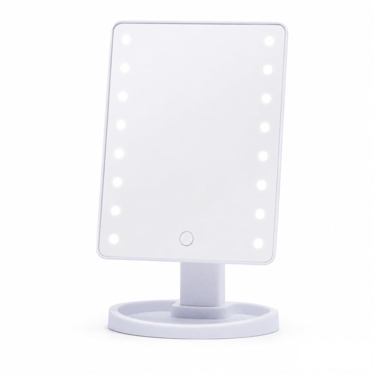 Specchio Trucco LED Rettangolare Inclinabile 180° – Luce Fredda Dimmerabile Touch, Specchio da Tavolo con Base Porta Accessori – 26,5 x 17 x 12 cm – Bianco