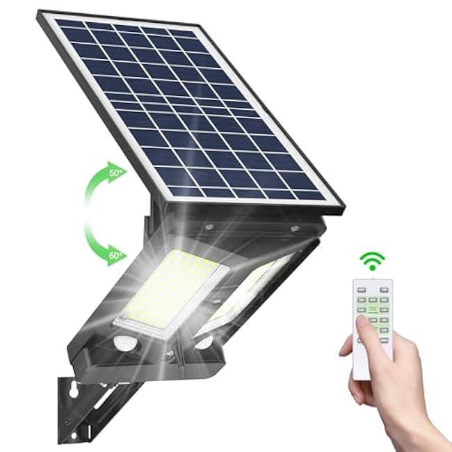 Solar Flood Lights Outdoor, Solar Dusk to Dawn Light Waterproof Motion Sensor Aluminum Lighting 3 Modes with Remote 12500 mAh Bright White for Street, Wall, Pole, Garage