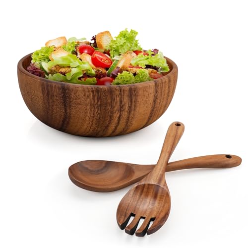 YKUKIZEE 1 Set 20 cm Acacia Wooden Salad Bowl and Servers Set, 7.87 inch Round Wood Salad Mixing Bowl, 700 ml Wooden Fruits Serving Bowl for Vegetables Cereal Yogurt Dessert Snack(Fork, Spoon)