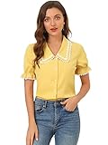Allegra K Women's Sweet Peter Pan Contrast Collar Short Sleeves Button Up Blouse Tops Large Yellow