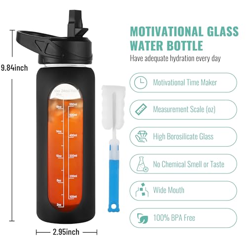 Image of CIVAGO 24 oz Glass Water Bottle with Straw and Handle, Large Sports Motivational Water Bottle Flask with Time Marker and 2 Lids, Leakproof Jug Canteen with Silicone Sleeve for Gym, Army Green