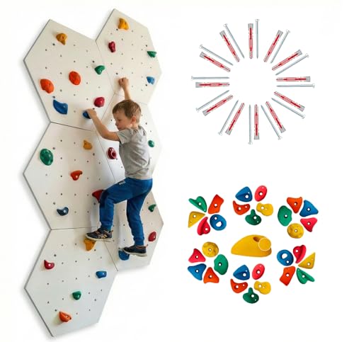 Create for you - Kletterwand für Kinderzimmer - Hexagon - Weiß - Indoor - Heimklettergerüst - Spielplatz - Trainingsgeräte für Zuhause - 6X Wandpaneel 130x225 cm - mit 30 bunten Griffen/Steinen