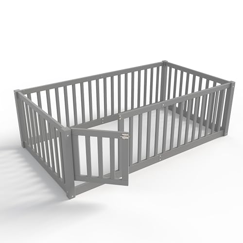 Image of Bellemave Twin Size Kids Montessori Floor Bed with Door,Solid Wood Floor Bed Frame with High Fence for Girls,Boys,Gray