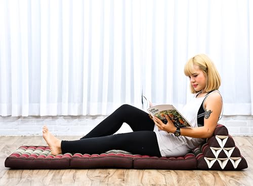 Image of Leewadee - Comfortable Japanese Floor Mattress Used As Thai Floor Bed with Triangle Cushion, Futon Mattress Or Thai Massage Mat, 67 x 21 inches, Brown Red
