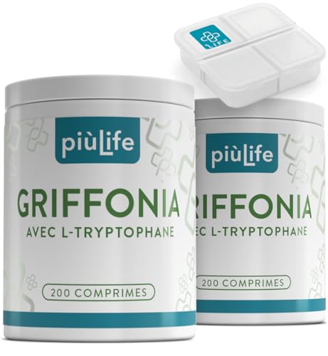 Griffonia Tryptophane Forte Dose PiùLife, 400 Comprimés De 400mg, L tryptophane Précurseur De La Serotonine Et Melatonine, Pour Dormir Mieux Naturel, Bonne Humeur, Anxiete Et Stress