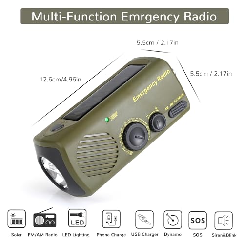 Image of Emergency Solar Radio, Portable Hand Crank Radio with AM /FM, 1200mAh Rechargeable Power Bank, SOS Alarm, LED Torch, USB Mobile Phone Charger for Outdoor Camping and Hiking
