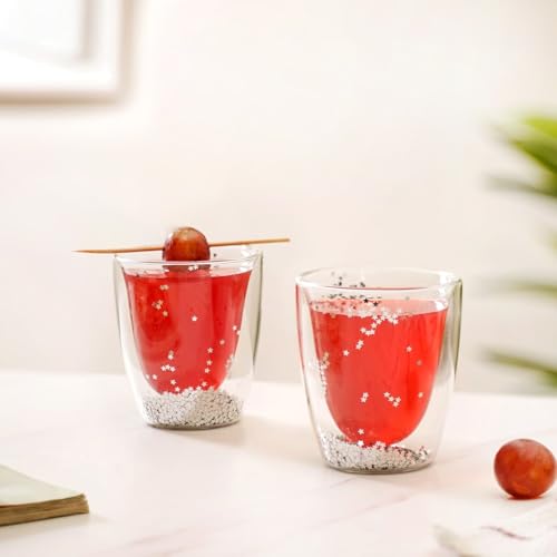 Image of Nestasia Set of 2 Double Wall Tumblers (225ml) | Silver Star Sequin Design, Dishwasher-Safe, Lead-Free Glassware | Ideal for Juices, Cocktails, and Desserts