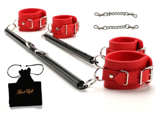 Spreader Bar Set 2Pcs, Adjustable Black Stainless Steel Workout Bar, Exercise Bar, 4Pcs Red Straps Expandable, Stretching Fitness Gear,Yoga Pilate Training, Home Gym Kit