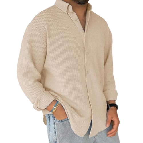 Mokaloha Mens Shirts, Mens Long Sleeve Shirts Waffle, Men's Stylish Casual Everyday Waffle Long-Sleeved Lapel Shirt