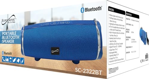 Supersonic SC-2322BT Portable Bluetooth Wireless Speaker Rich Stereo Sound, Extra Bass, Built-in Mic, USB/SD/AUX, FM Tuner, 14W Output, Rechargeable Battery, 4Hrs Play Time and10M Range (Blue)