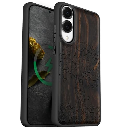 Coque Magsafe Galaxy S25 Edge antichoc avec dos en bois et bumper TPU robuste