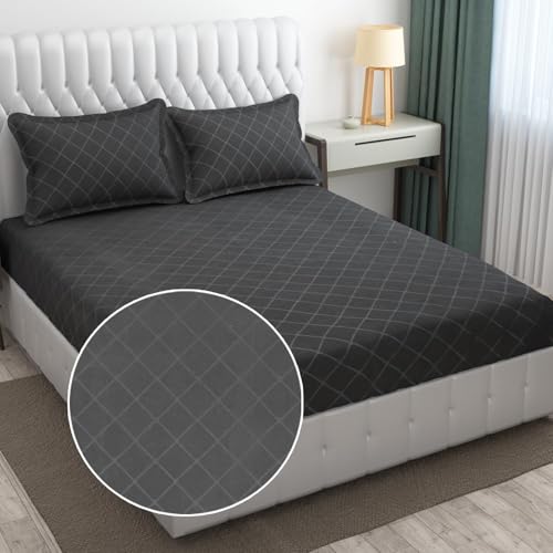 Image of Blue Strip Polycotton Fitted Bedsheet, King 72x78 (Grey Check) | 300 TC | All-Round Elastic Grip | Soft, Breathable & Colourfast | Wrinkle Resistant | Machine Washable