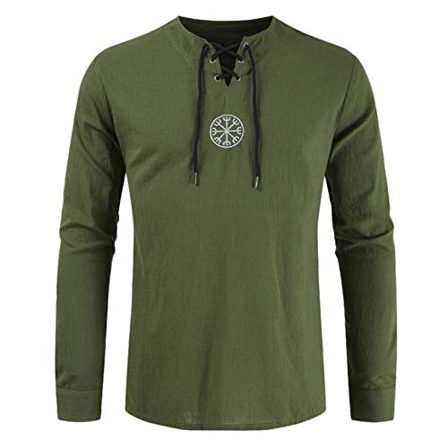 Men's Summer T-Shirt Cotton Hippie Shirt V-Neck Beach Yoga Top Lace up Linen Collar Long Sleeve Henley T-Shirt (XXXL, Army Green Drawsting)