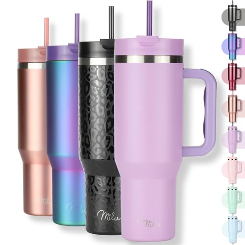 Milu Tazza termica a doppia parete 1200ml con cannuccia e manico, 24h ghiacciato / 12h caldo Tumbler 40oz in acciaio inox con manico, bottiglia isolante da portare con sé (Lilac, 1200ml)